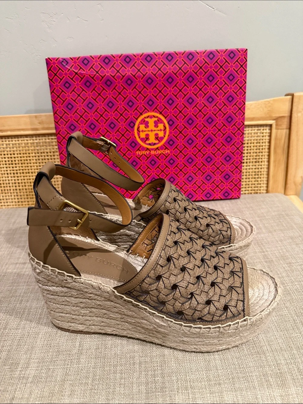 Tory Burch Woven Platform Espadrilles Brown Tan s 8.5